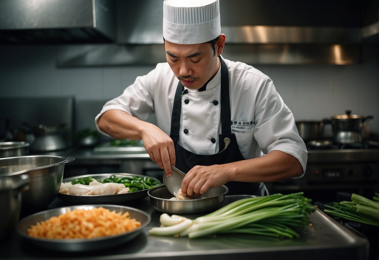 A chef prepares Chinese milkfish with ginger, soy sauce, and green onions in a bustling kitchen