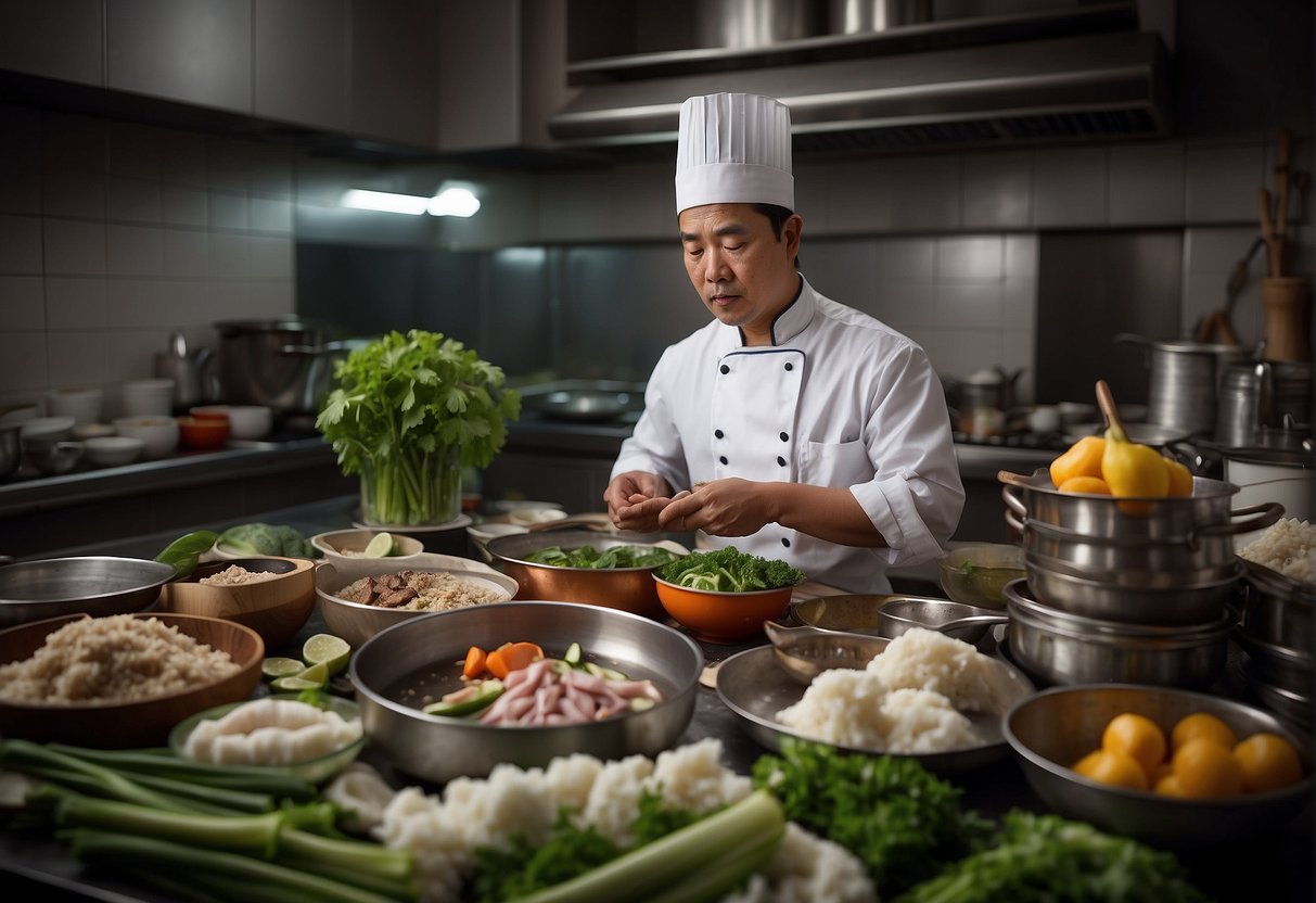 A chef prepares a traditional Chinese milkfish recipe, surrounded by various ingredients and cooking utensils