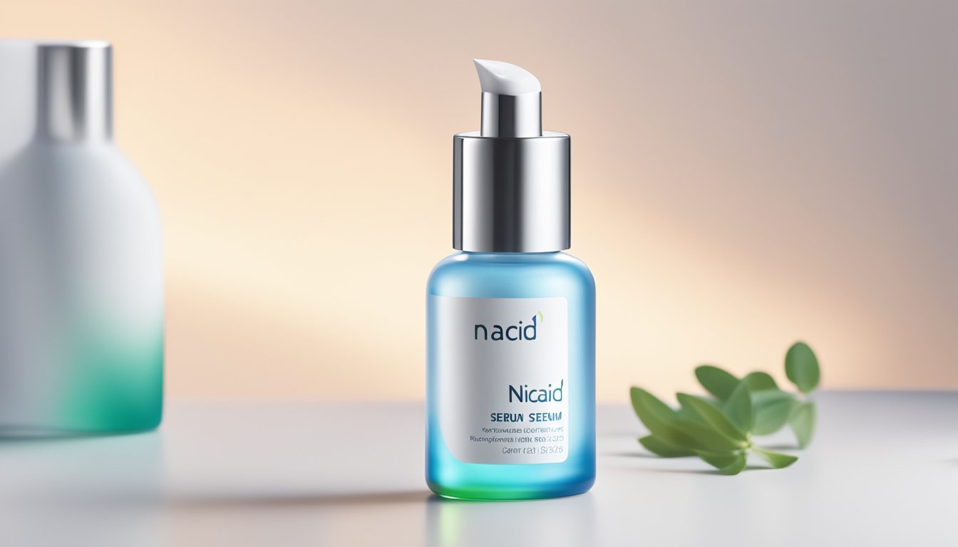 A bottle of Niacid serum sits on a clean, white countertop. A soft, glowing light illuminates the product, highlighting its sleek, minimalist packaging