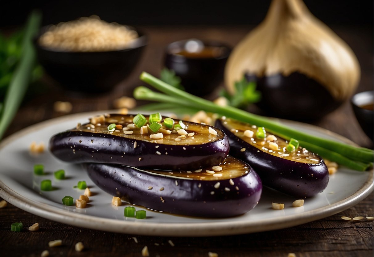 Eggplant slices sizzle in hot oil with garlic and ginger. Soy sauce and sugar are added, creating a savory aroma. Green onions and sesame seeds are sprinkled on top