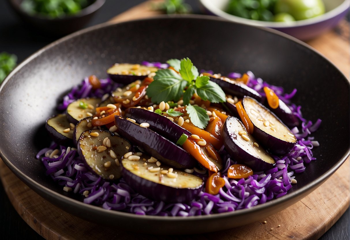 A sizzling wok of Chinese eggplant stir-fry with garlic, ginger, and soy sauce. Steam rising, vibrant purple eggplant glistening with savory sauce