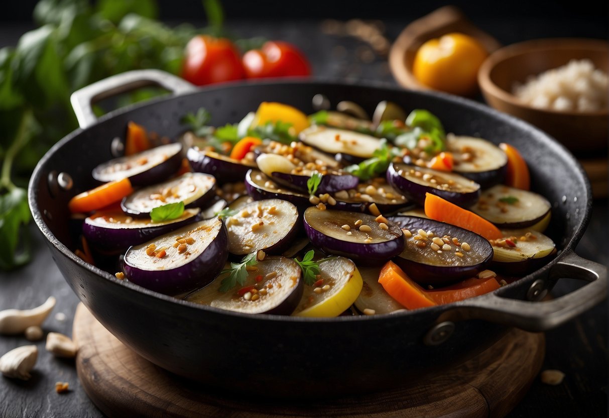 Chinese eggplant sizzling in a wok with garlic, ginger, and soy sauce, surrounded by colorful vegetables and aromatic spices