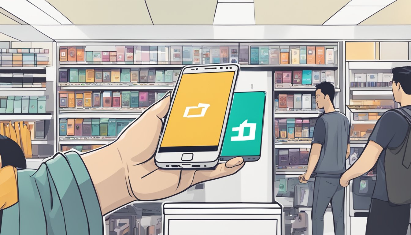 A hand reaching out to purchase a OnePlus 3T in a bustling Singapore electronics store