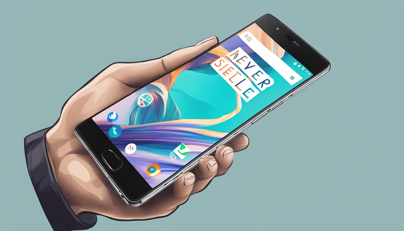 A hand holds a sleek OnePlus 3T phone, with a camera and connectivity icons displayed on the screen