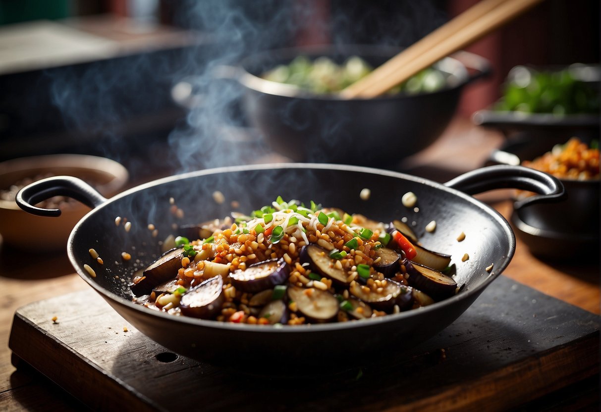 A sizzling wok with stir-fried Chinese eggplant and minced pork, seasoned with garlic, ginger, and soy sauce, emitting savory aromas