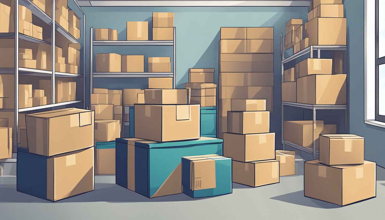 Boxes being packed by hand, with items purchased online, stacked neatly in a room