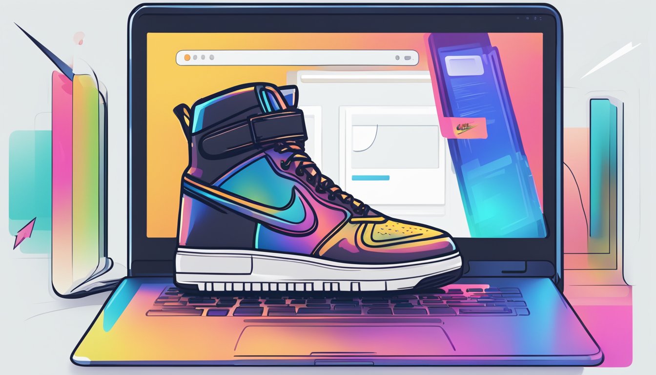 A computer screen displays a website with Nike boots for sale. A cursor hovers over the "Add to Cart" button
