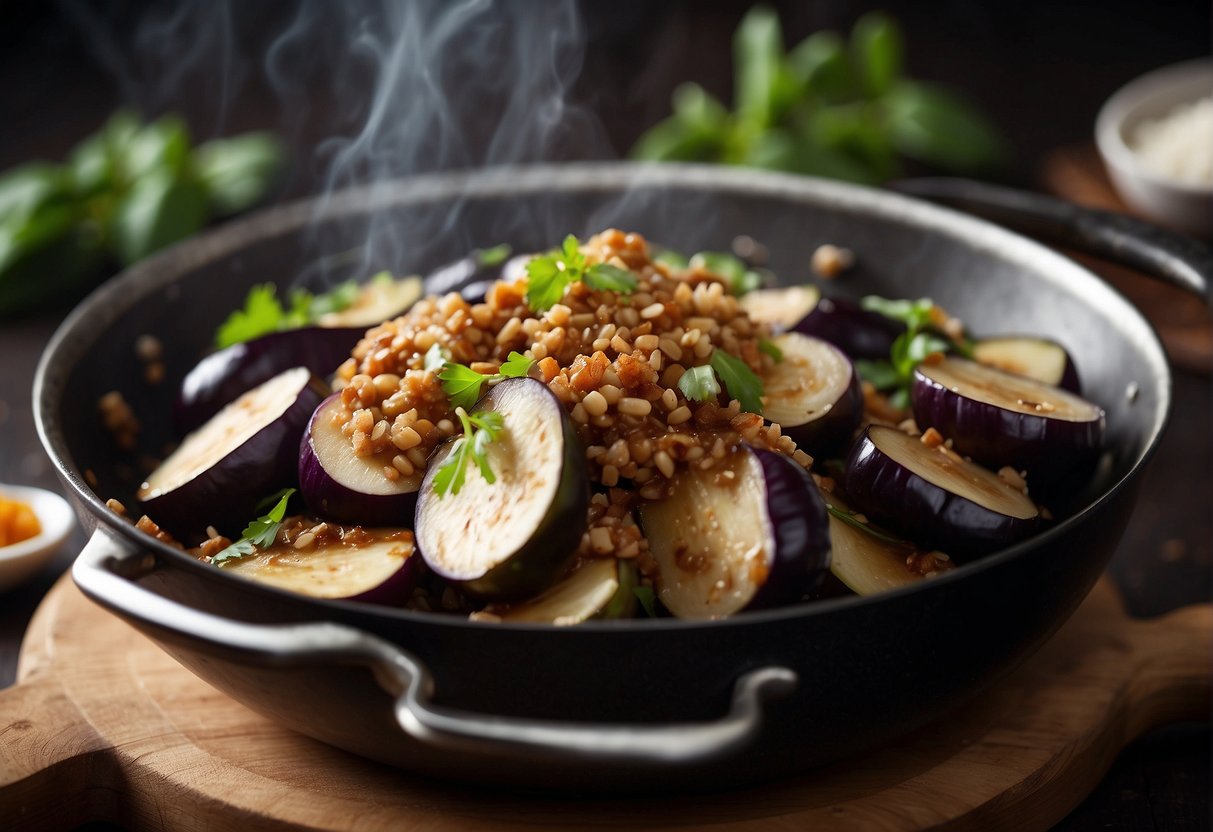 Chinese eggplants and minced pork sizzle in a wok with garlic and ginger. Soy sauce and sugar add flavor as steam rises