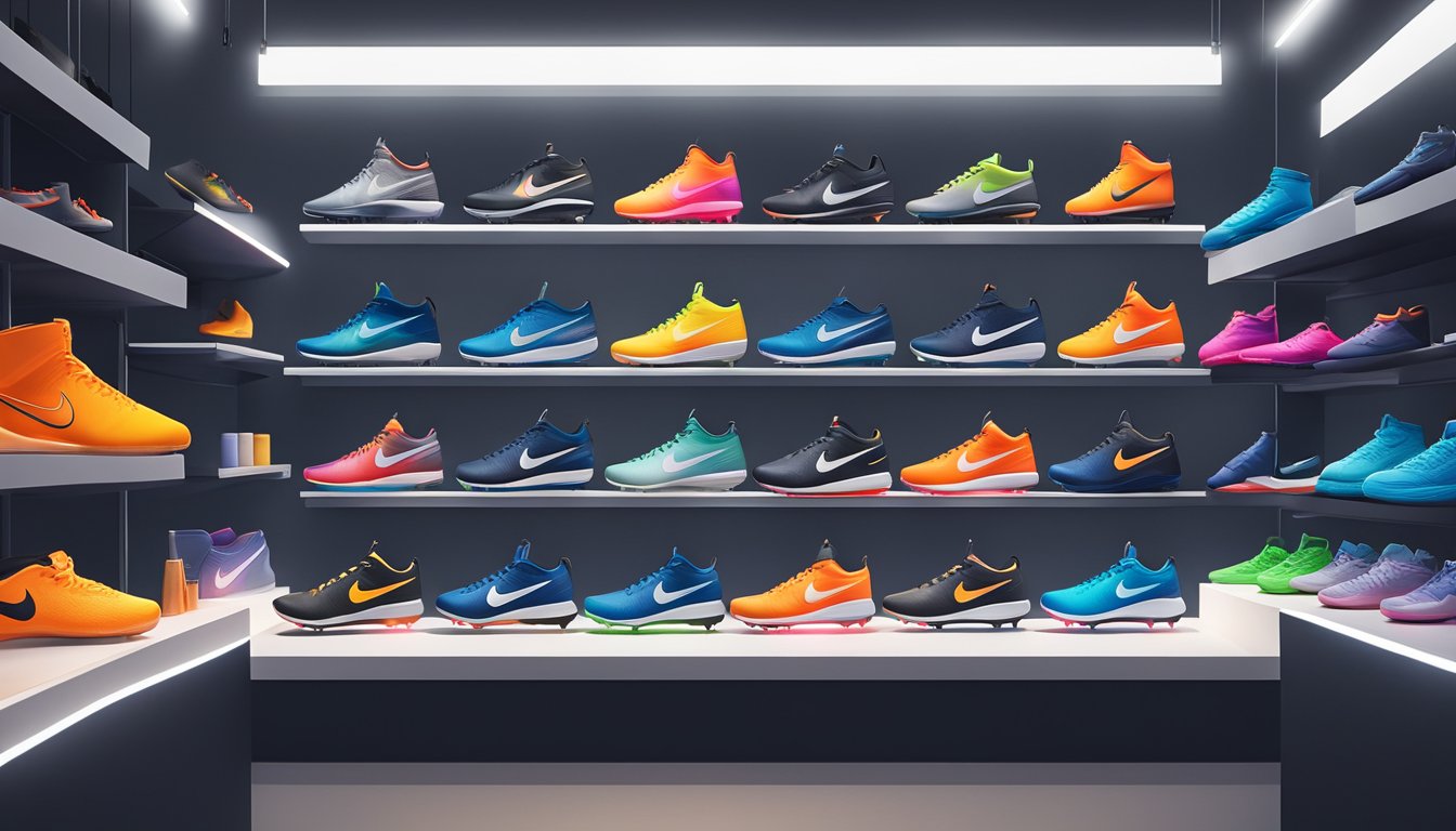 A pair of Nike boots sits on a sleek display shelf, surrounded by other sports gear. The logo gleams under the store's bright lights