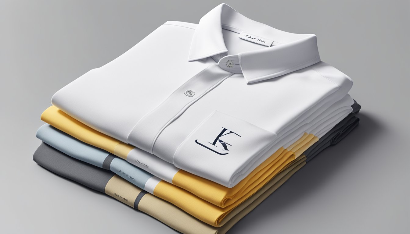 A neatly folded stack of Calvin Klein tees on a clean, white surface, with the iconic logo visible