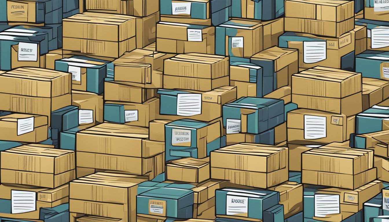Boxes stacked with "Frequently Asked Questions" labels, ready for online purchase