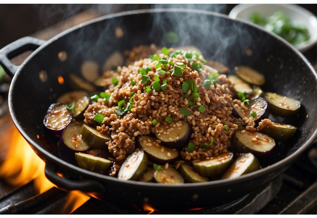 Chinese eggplant and minced pork sizzling in a wok, stir-frying with garlic, ginger, and soy sauce. Steam rises as the ingredients cook together