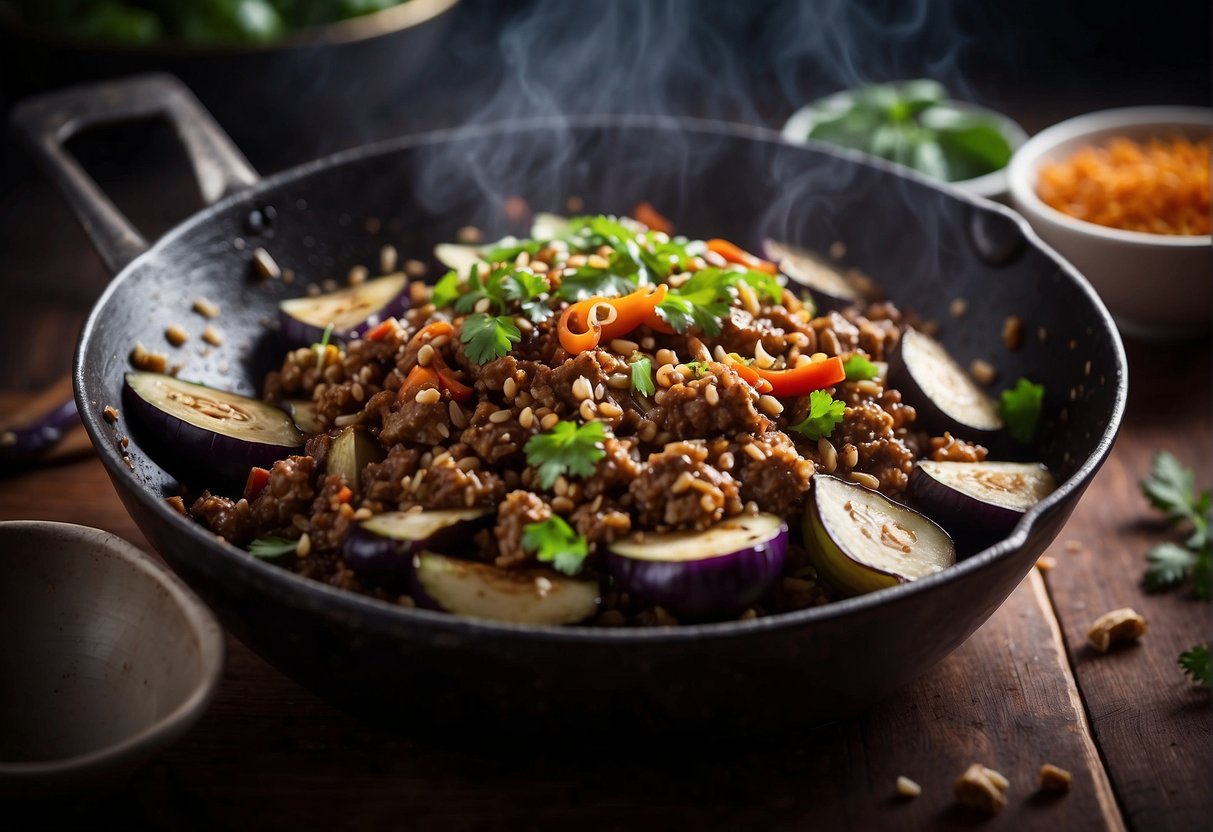 A sizzling wok stir-fries Chinese eggplant and minced pork with garlic, ginger, and chili, creating a tantalizing aroma