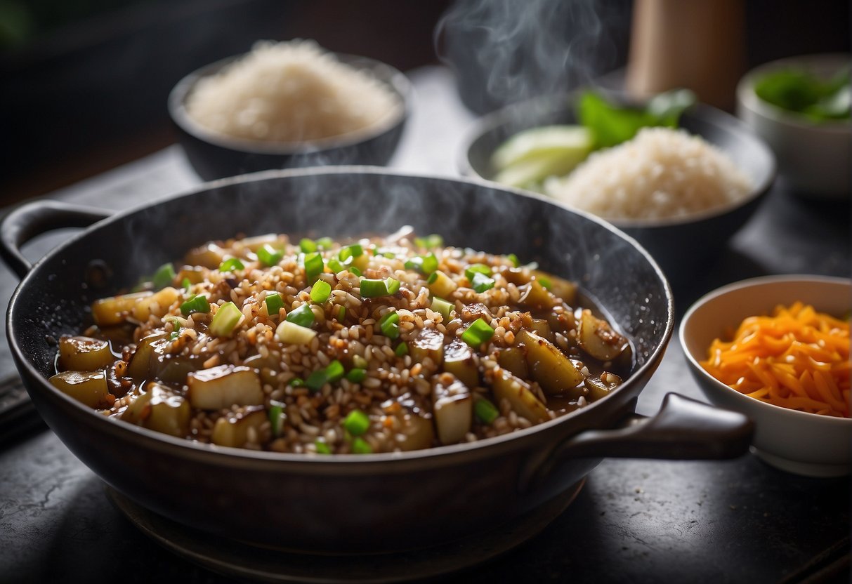 Chinese eggplant and minced pork sizzling in a wok, with garlic and ginger aromas filling the kitchen. A bowl of steamed rice sits nearby