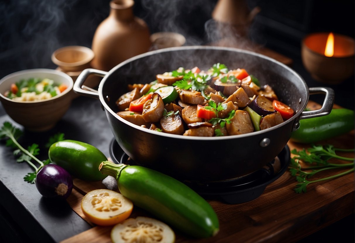 Eggplant and pork stir-fry in a wok. Ingredients laid out on a kitchen counter. Steam rising from a pot on the stove