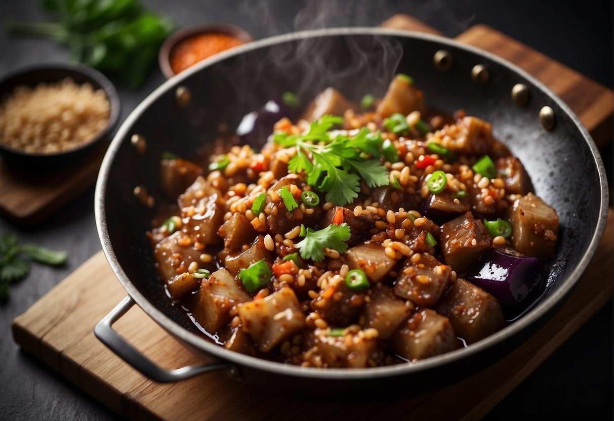 Chinese eggplant and minced pork sizzling in a wok, with garlic and ginger aroma filling the air. Soy sauce and chili paste add a savory and spicy kick to the dish