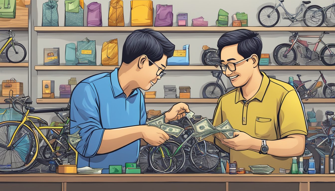 A customer hands cash to a seller in a bike shop in Singapore