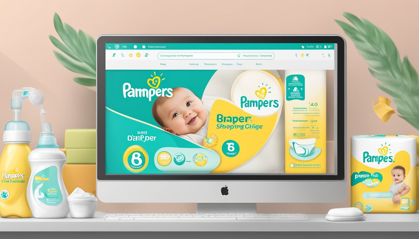 A computer screen displaying an online shopping website with the Pampers logo and various diaper options