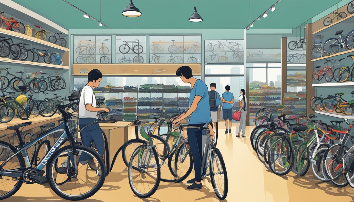 A customer browsing through a variety of bikes at a bicycle shop in Singapore, with a salesperson assisting and providing information