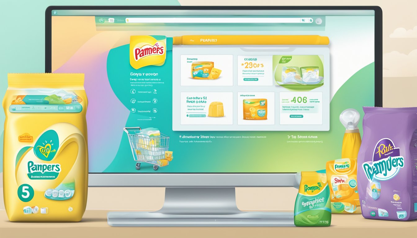 A computer screen displaying a website with various Pampers products, a shopping cart icon, and a "Buy Now" button