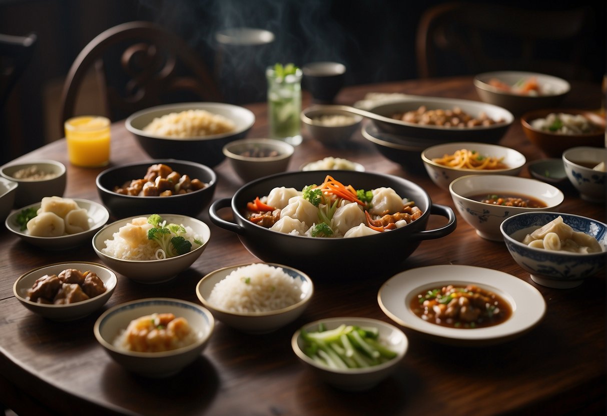 A table set with traditional Chinese dinner recipes, including stir-fried dishes, steamed dumplings, and rice bowls, surrounded by family members sharing a meal together
