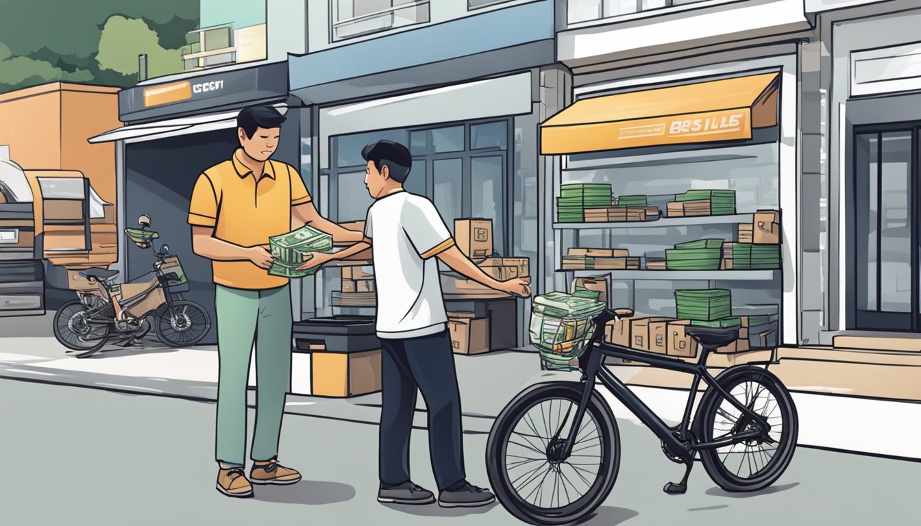 A customer hands over cash to a bike shop owner in Singapore. The owner gives a receipt and helps the customer load the bike onto a delivery truck