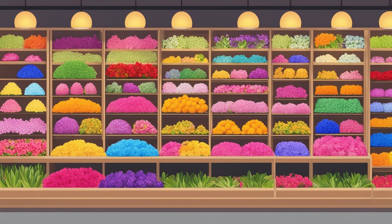 A bright and colorful display of silk flowers in a bustling Singapore market. Various types and sizes are neatly arranged on shelves and tables, with vibrant hues and delicate petals catching the eye of passersby