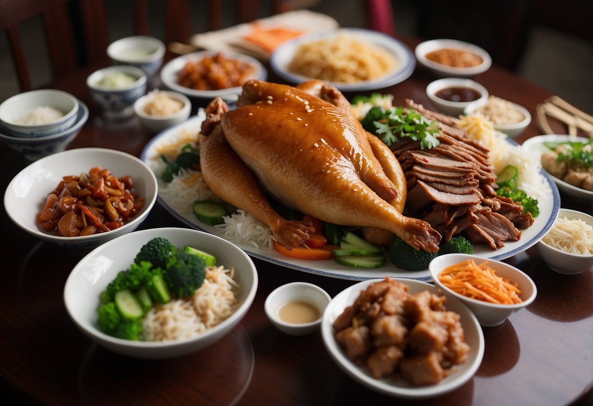 A table adorned with a spread of Chinese family dinner dishes, including crispy Peking duck, sizzling stir-fried beef, and steamed whole fish