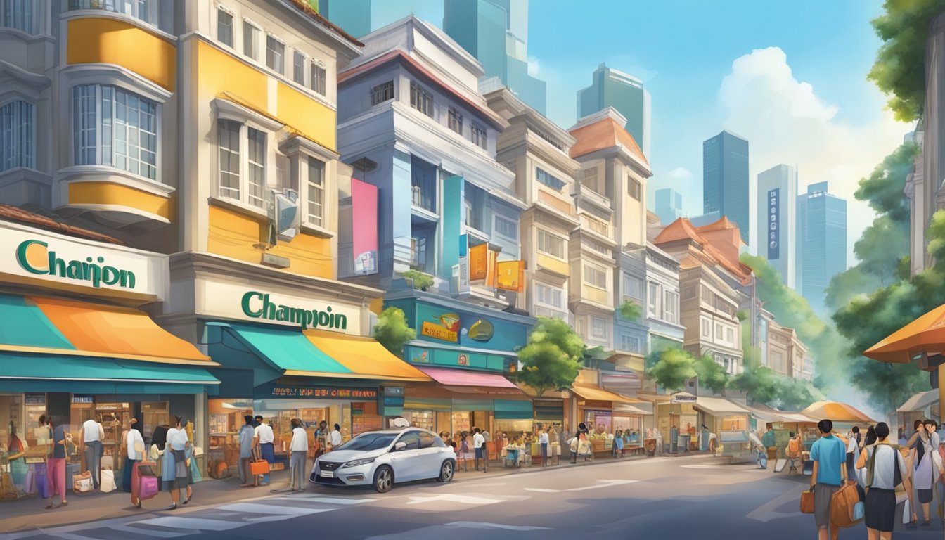 A bustling street in Singapore with a prominent "Champion" store sign, surrounded by eager shoppers and colorful displays