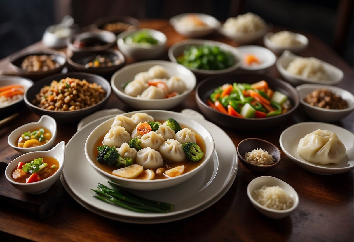 A table set with various Chinese dishes, from steamed dumplings to stir-fried vegetables, showcasing a variety of flavors and cooking techniques