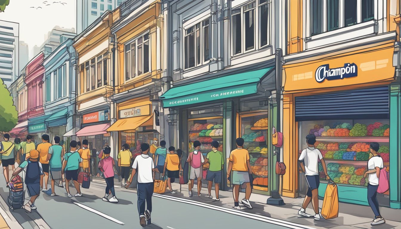 A bustling street in Singapore with colorful storefronts, showcasing the iconic Champion logo. Shoppers browsing through racks of athletic wear