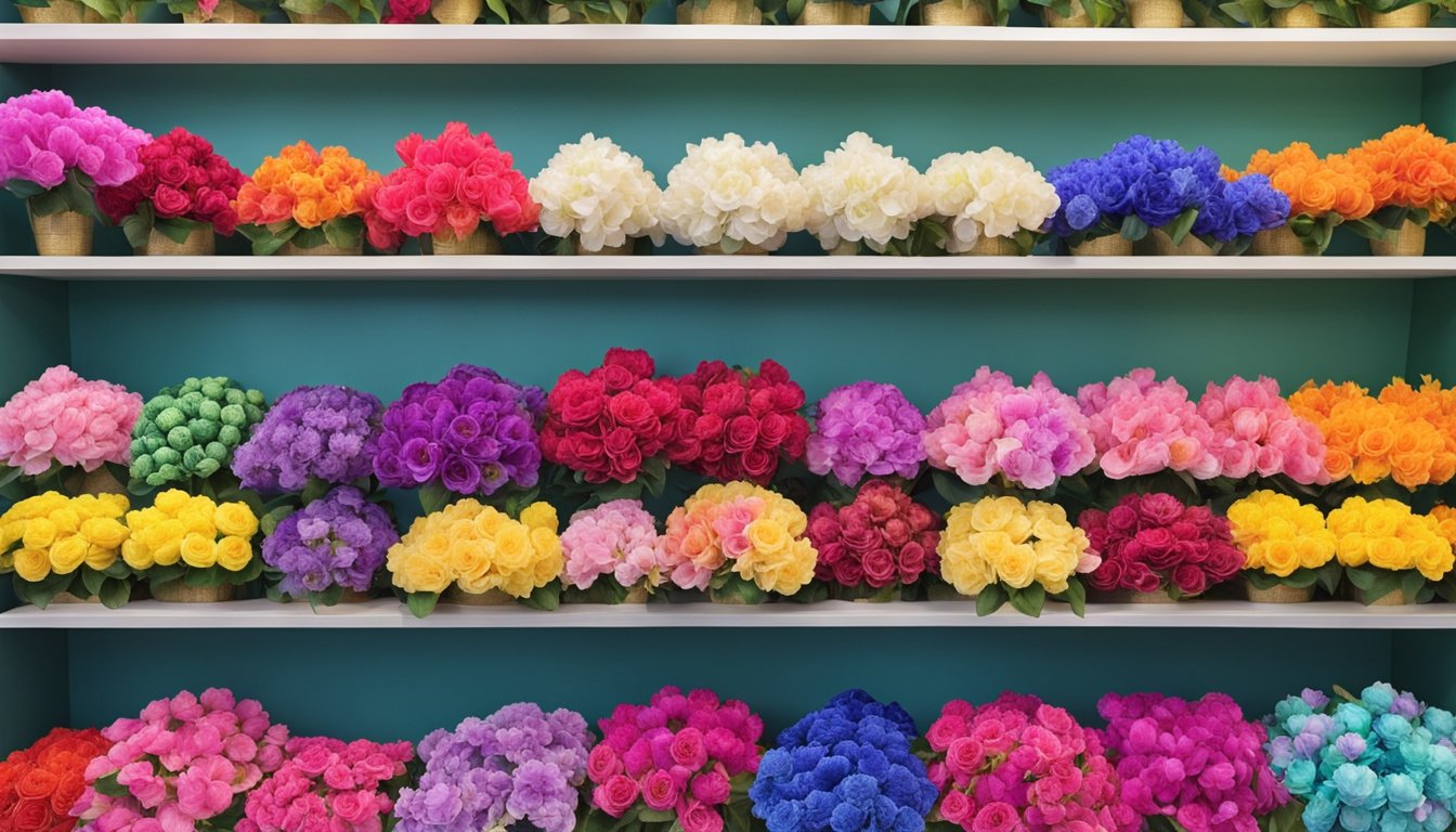 Vibrant silk flowers displayed in a shop in Singapore, with a variety of colors and types available for purchase