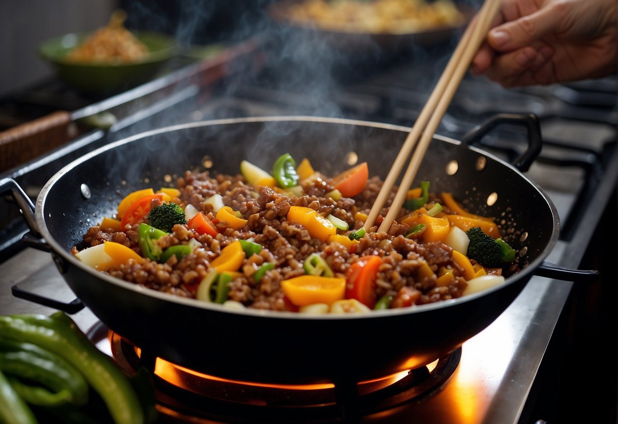 A wok sizzles with minced meat, ginger, garlic, and soy sauce, as a chef stirs in vibrant vegetables and fragrant spices