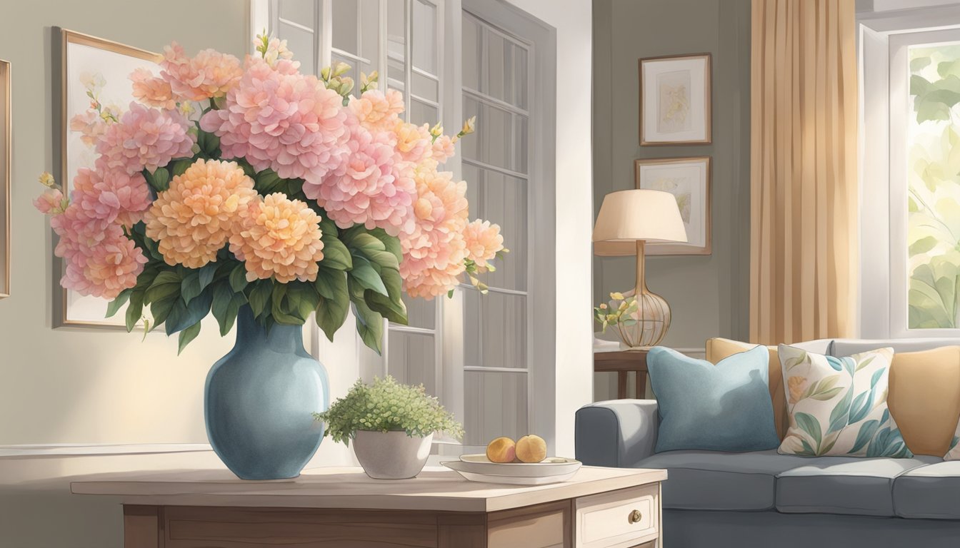 A table adorned with vibrant silk flower arrangements, casting a warm glow in a cozy living room. The soft petals and delicate stems create a peaceful and inviting atmosphere. Available in Singapore