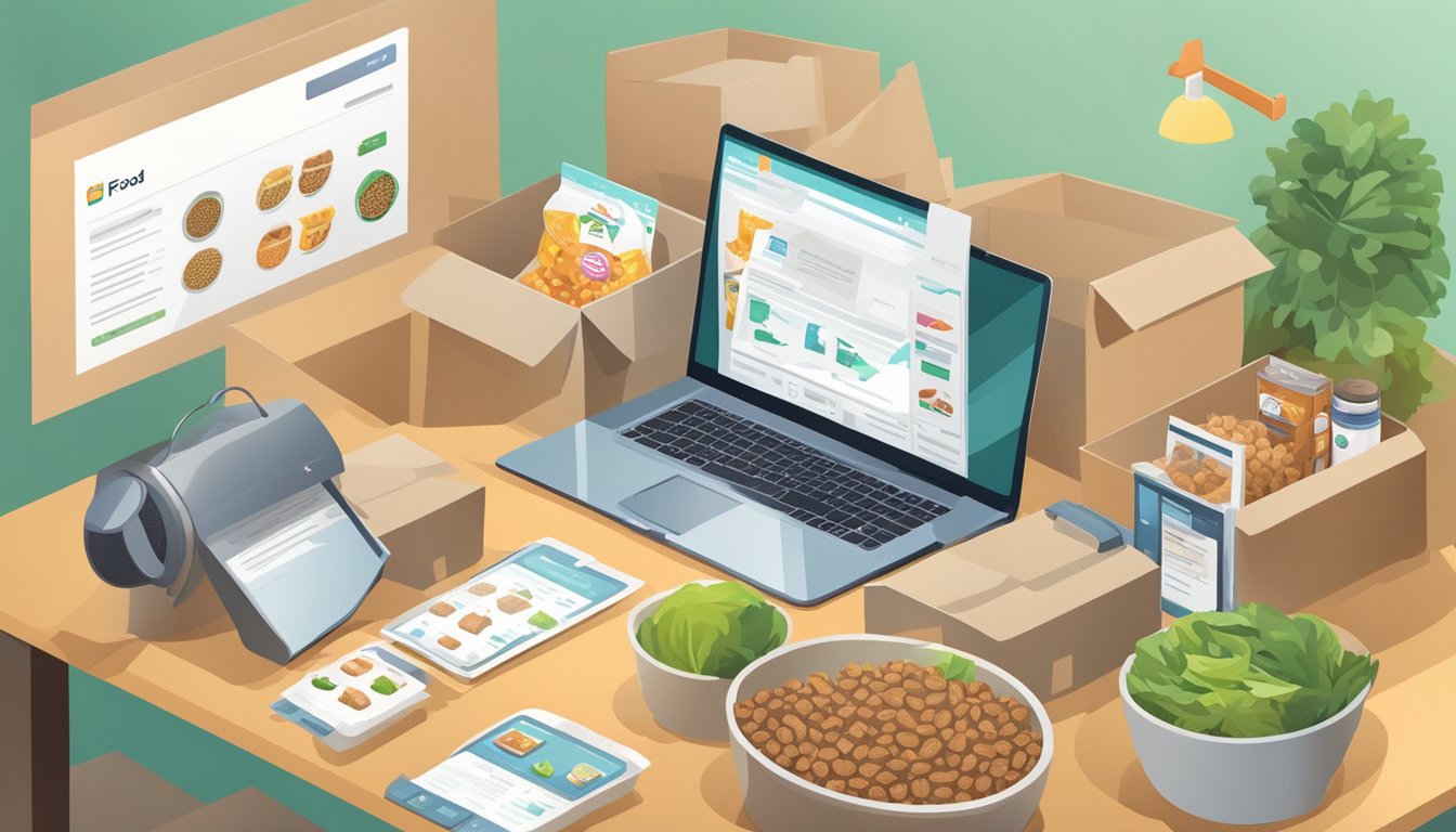 A pet owner opens a package of pet food ordered online, surrounded by various options and a computer displaying the website