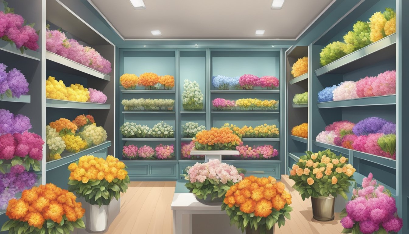 A colorful display of silk flowers in a Singaporean shop, with various types and arrangements neatly organized on shelves and tables