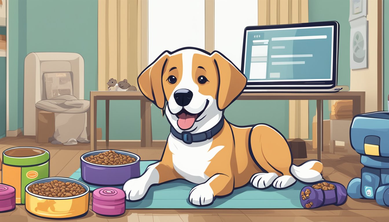 A happy dog sits next to a bowl of premium pet food, surrounded by toys and a comfortable bed, with a computer in the background displaying a website for buying pet food online