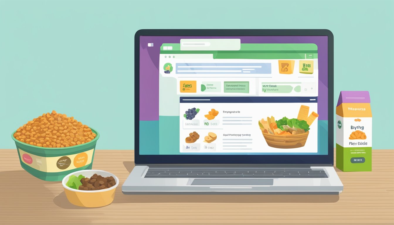 A computer screen showing a website with various pet food options, a shopping cart icon, and a list of frequently asked questions about buying pet food online