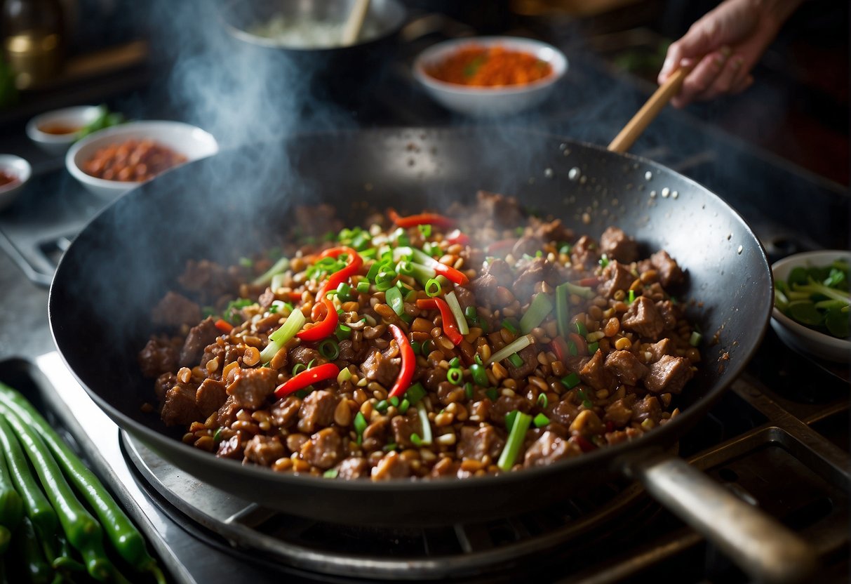 A wok sizzles as minced meat, ginger, garlic, and soy sauce are tossed together in a flurry of steam and aroma. Green onions and red chili peppers wait nearby for their turn to join the mix