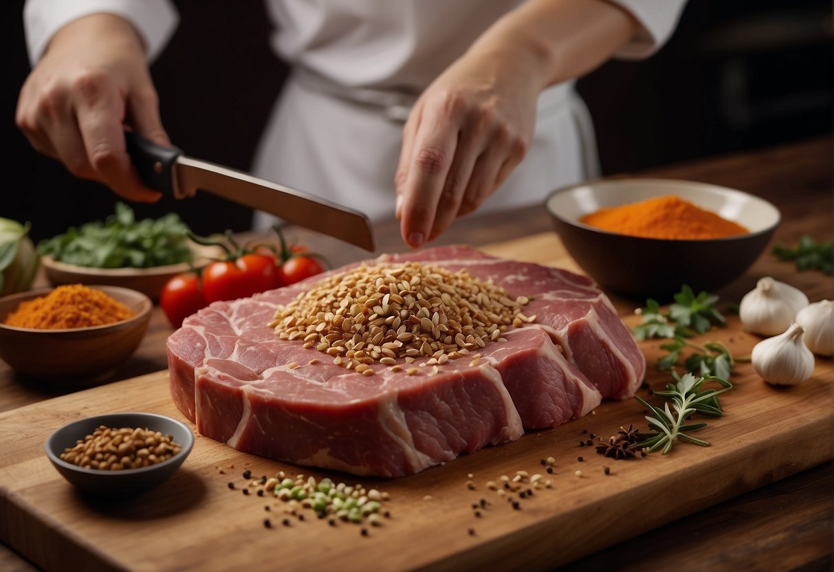 Meat being finely chopped with a cleaver on a wooden cutting board, surrounded by bowls of spices and ingredients for a Chinese recipe