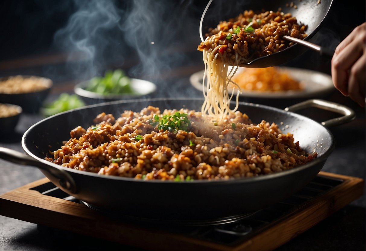 A sizzling wok tosses savory minced meat, ginger, and garlic, filling the air with an aromatic symphony of flavors. Soy sauce and spices add depth to the dish
