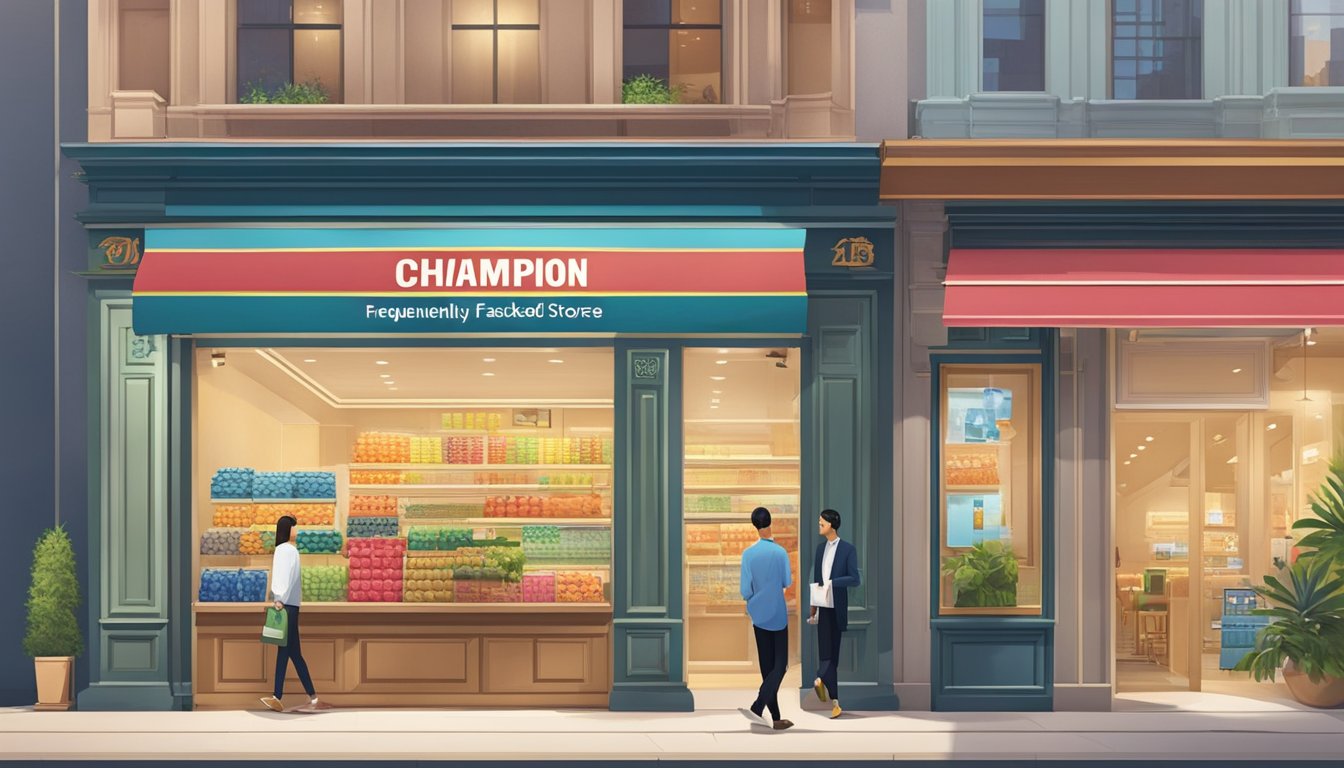 A bright and modern store front with the words "Frequently Asked Questions" and "buy champion singapore" displayed prominently