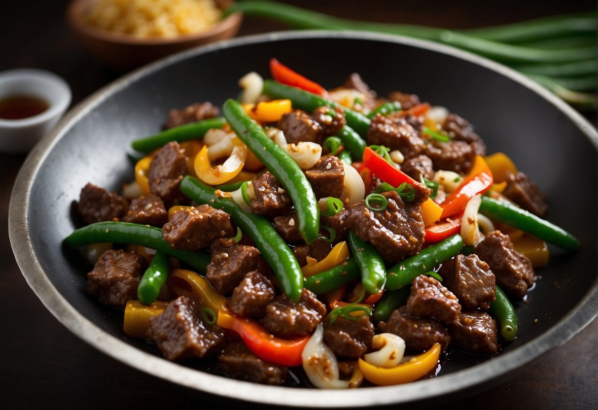 A wok sizzles as minced beef, garlic, and ginger stir-fry in a fragrant blend of soy sauce, oyster sauce, and Chinese spices. Onions, bell peppers, and green beans add color and texture to the savory