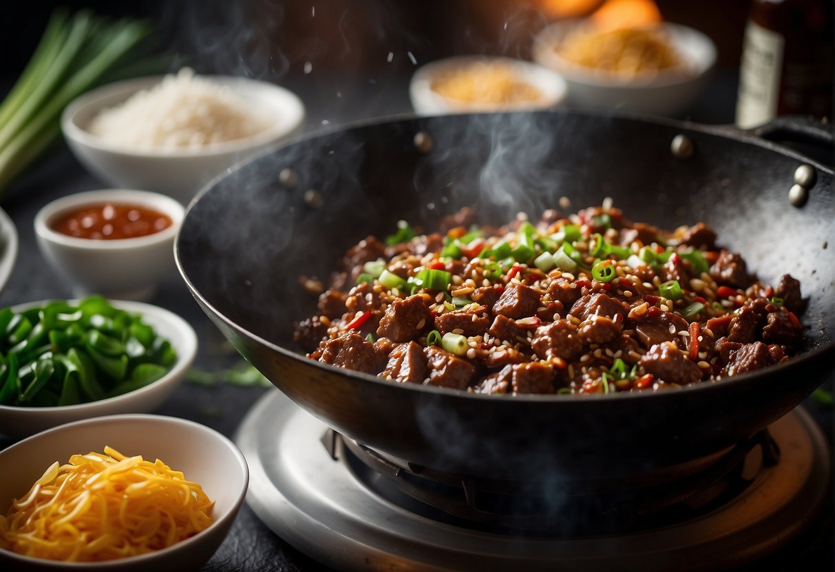 A wok sizzling with minced beef, garlic, ginger, and soy sauce. Surrounding ingredients include green onions, chili peppers, and hoisin sauce