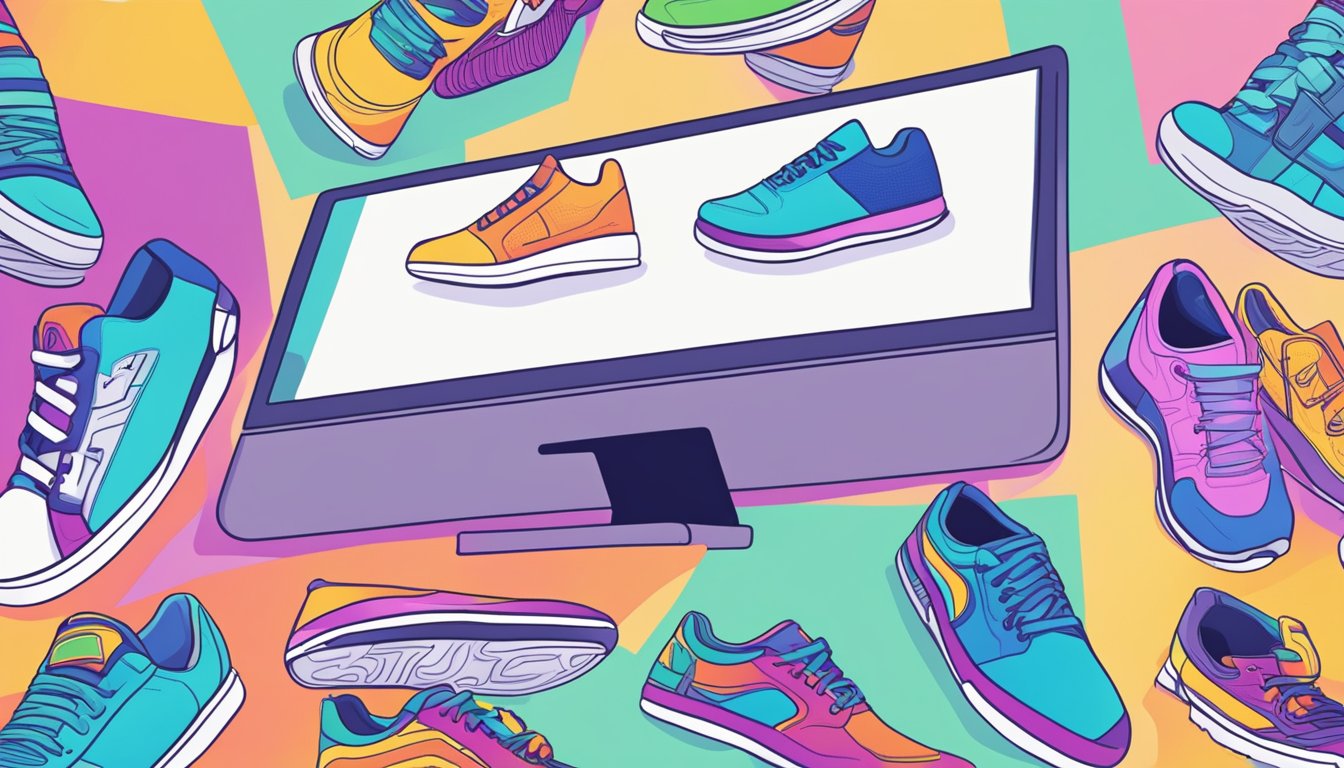 A computer screen displays a variety of colorful sneakers on a website. A cursor hovers over the "Add to Cart" button