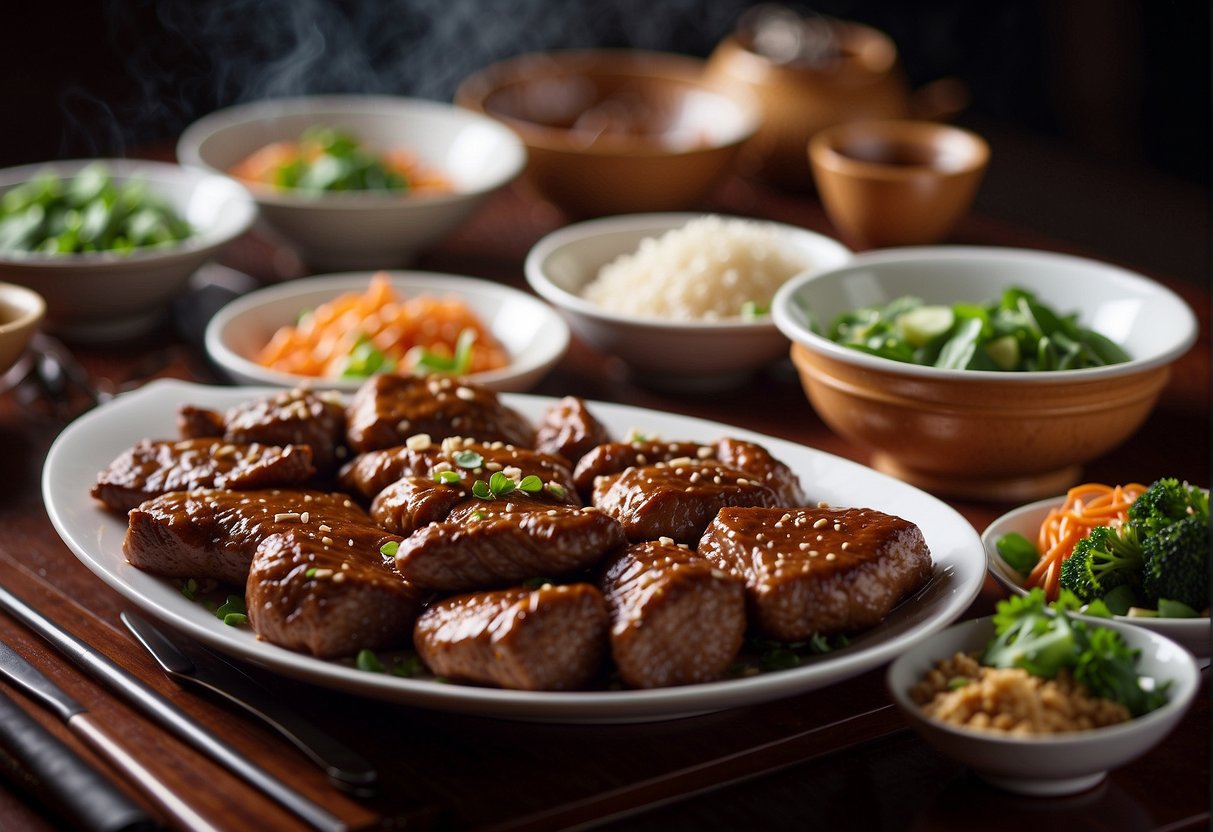 A table set with classic meat dishes, steaming hot from the kitchen, ready to be enjoyed by a Chinese family