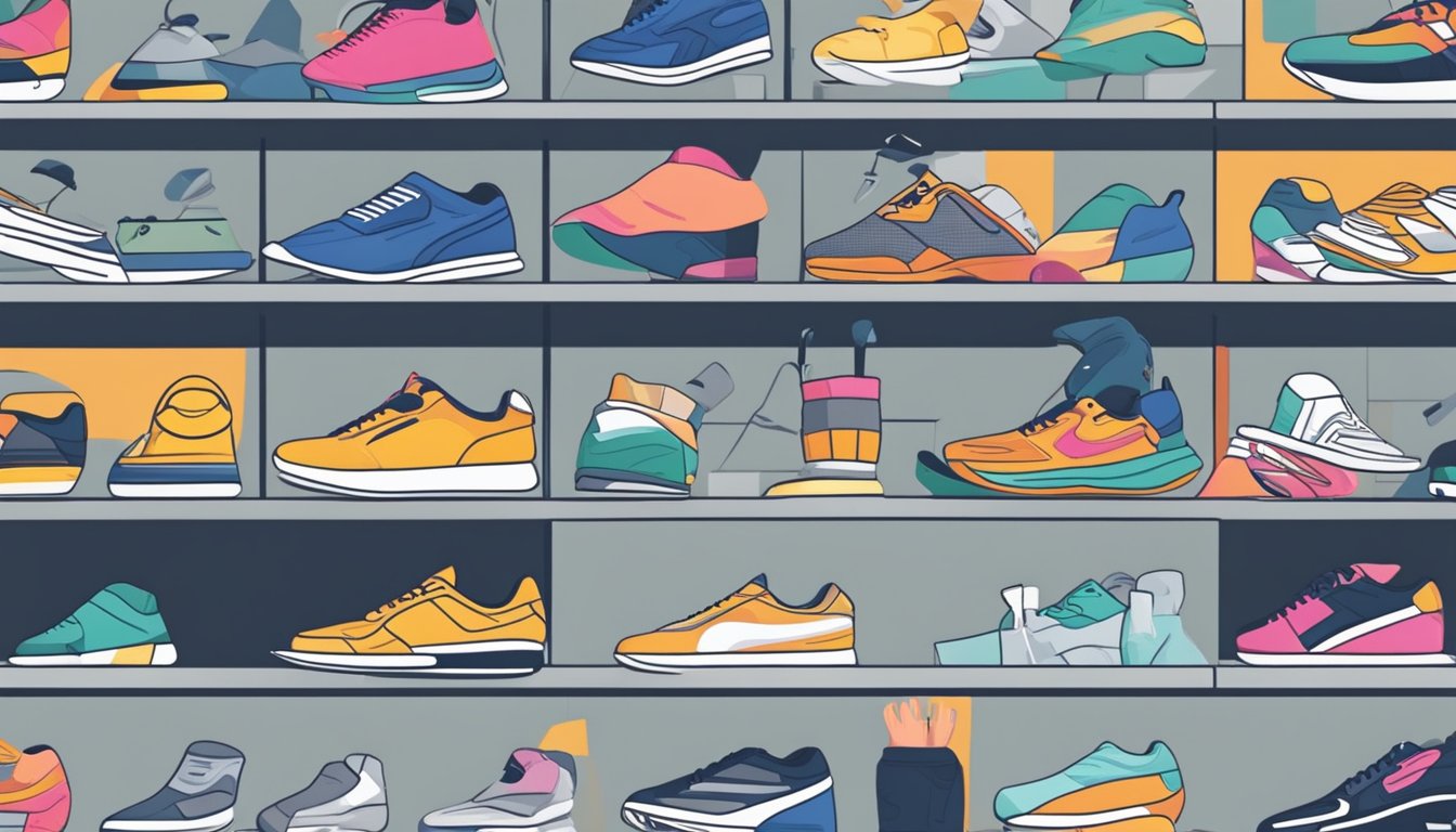 A computer screen displays a variety of sneaker options on an online store. A hand hovers over a mouse, ready to click and make a purchase