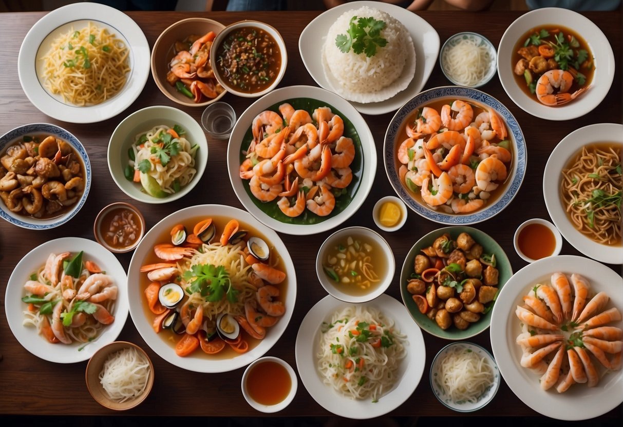 A table set with various Chinese seafood dishes, surrounded by family members enjoying the meal