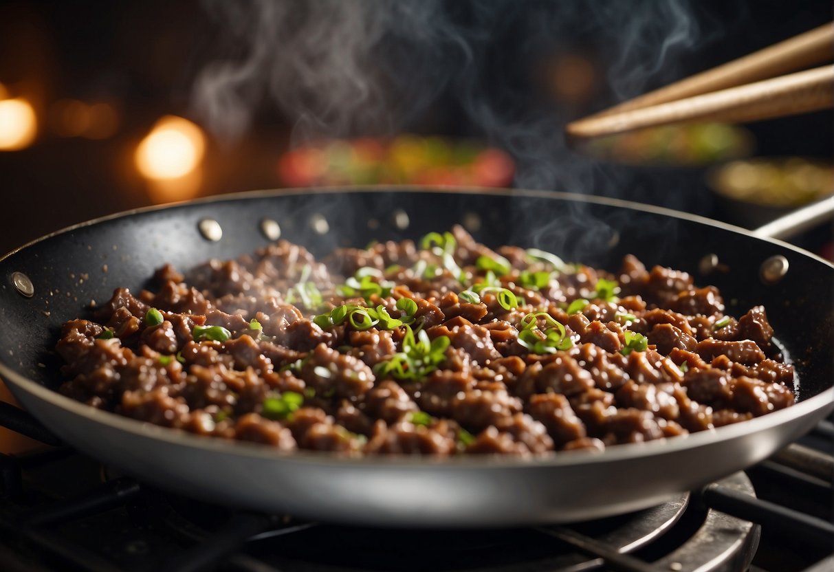 A chef sautés minced beef with garlic, ginger, and soy sauce in a wok. The aroma of the sizzling meat fills the air as the ingredients are expertly combined