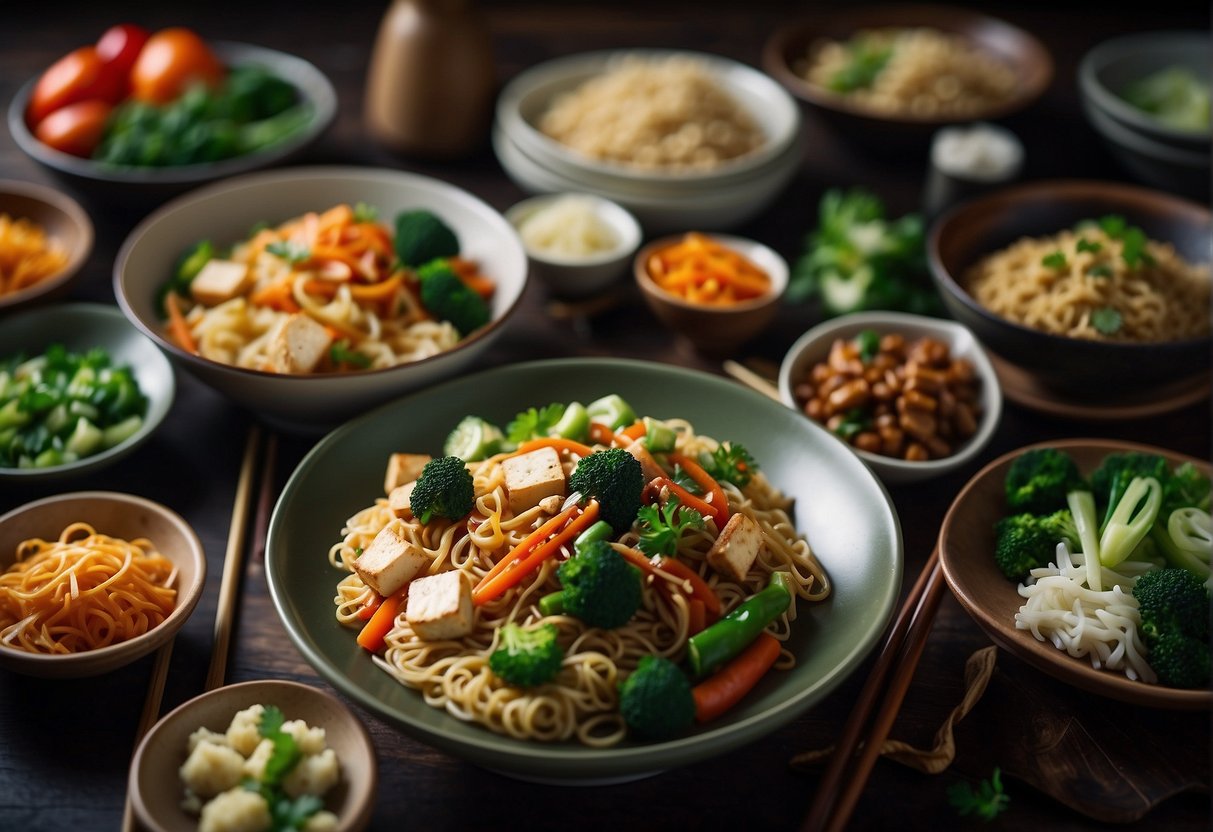 A table set with colorful dishes of stir-fried vegetables, tofu, and noodles. Steam rises from the plates, while chopsticks rest on the side. A family gathers around, smiling and ready to enjoy their vegetarian Chinese feast